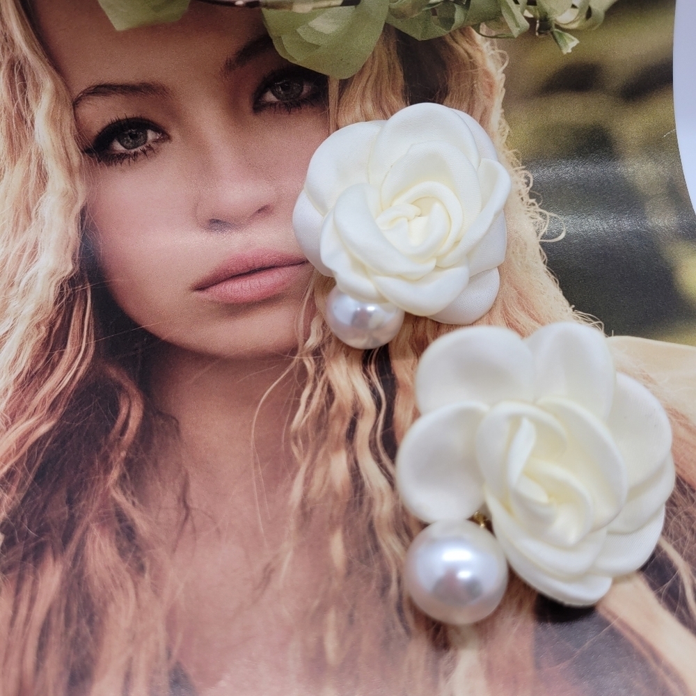 NWT Handmade Elegant Dangling Pearl Soft Ivory Rose Petal Drop Earrings - Picture 4 of 10